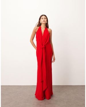 ARRANGE Halter Neck Plunge Velvet Maxi Dress With Tie Detailing - Red