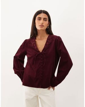 Nobody's Child Isla Cord Embroidered Collar Tie Front Long Sleeve Top