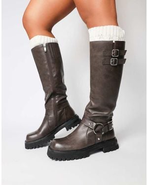 SIMMI Benton Knee High Chunky Biker Boots - Brown