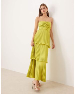 Abercrombie & Fitch Ruched Bandeau Pleated Tiered Maxi Dress - Yellow