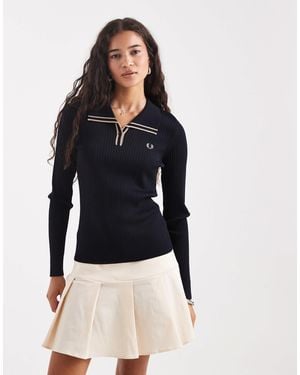 Fred Perry Ribbed Knitted Polo Shirt - Blue