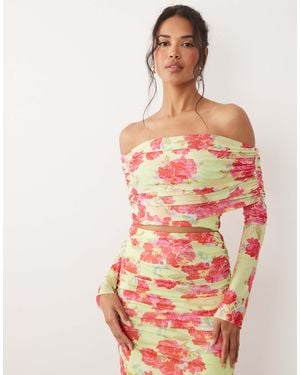 AFRM Lynette Mesh Foldover Bardot Long Sleeve Crop Top - Pink