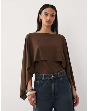 Mango Round Neck Short Sleeve Top With Cape Detail - Brown