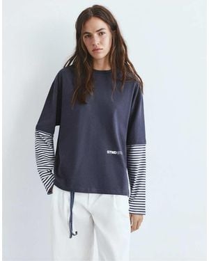 Pull&Bear Double-sleeve Striped T-shirt - Blue