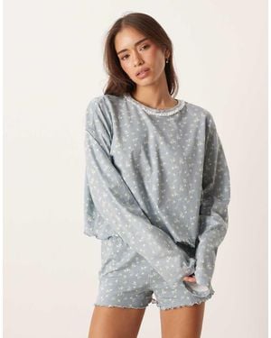ASOS Top De Pijama Azul De Manga Larga Y Corte Cuadrado Con Estampado De Florecitas Mix & Match De - Gris