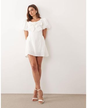Sister Jane Klara Jacquard Scoop Neck Puff Sleeve Bow Detail Mini Dress - White