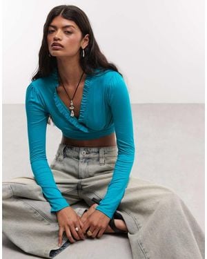 Reclaimed Vintage Tie Front Cropped Top - Blue