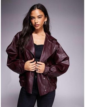 Kaiia Exclusive Textured Faux Leather Oversized Bomber Jacket - Purple