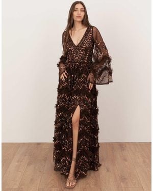 Maya Fully Embellished Frill Maxi Dres - Brown