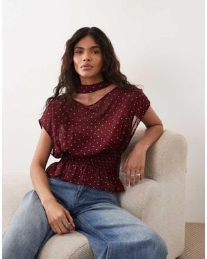 Gina Tricot Blusa Burdeos De Manga Corta Con Estampado De Lunares Y Fular-Rojo