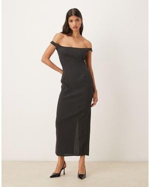 ASOS Vestido De Sastre Midi Negro Con Raya Diplomática Y Escote Bardot De
