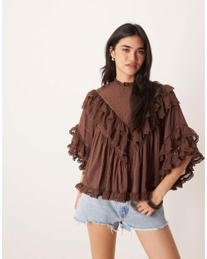 ASOS Ruffle Floaty Blouse With Lace Trim - Brown