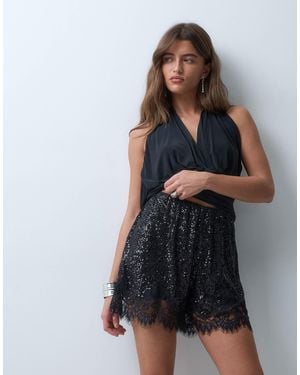 ASOS Allover Sequin Shorts With Lace Trim - Black