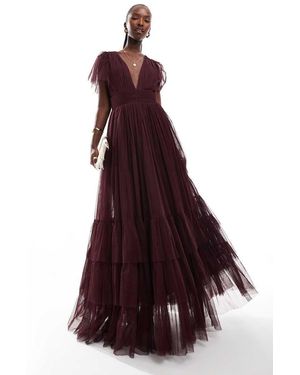 LACE & BEADS Bridesmaid Madison V Neck Tulle Maxi Dress - Red