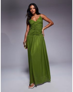 Aria Cove Chiffon V Neck Dropped Pleated Waist Maxi Dress - Green