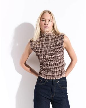 Daisy Street High Neck Shoulder Button Shirred Top - Multicolour