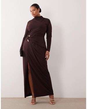 Tfnc Plus Slinky High Neck Long Sleeve High Split Trim Detail Maxi Dress - Brown