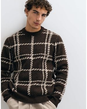 Threadbare Pull en maille à col rond à carreaux couleur chocolat - Gris