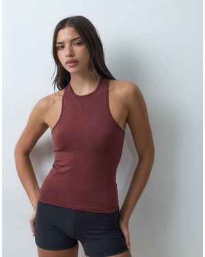 4505 Canotta Senza Cuciture Lucida Con Collo Alto E Dorso A Vogatore Con Reggiseno Interno, Color Cognac - Marrone
