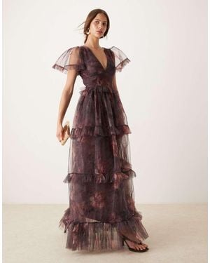 LACE & BEADS Sheer Sleeve Ruffle Maxi Dress With Sheer Skirt - Brown