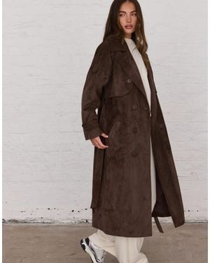 Aria Cove Faux Suede Belted Trench Maxi Coat - Brown