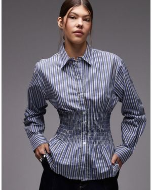 Collusion Long Sleeve Shirred Waist Stripe Shirt - Blue