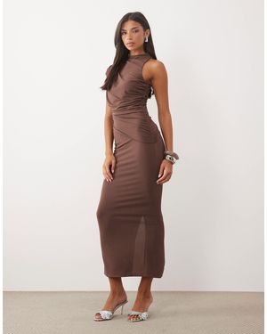 ASOS High Neck Asymmetric Ruched Maxi Dress - Brown