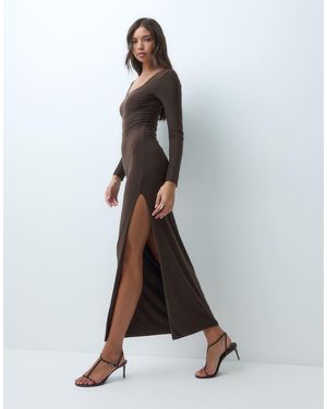 Kaiia Exclusive Double Sculpted Slinky Square Neck Side Split Maxi Dress - White