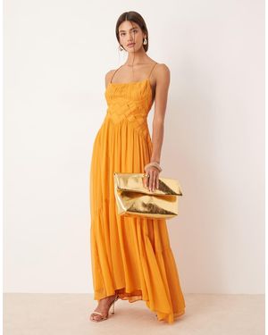ASOS Ruched Bust Cami Maxi Dress With Lattice Waist Detail - Orange