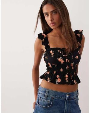 Miss Selfridge Ditsy Print Shirred Top With Ruffle Sleeve-multi - Black