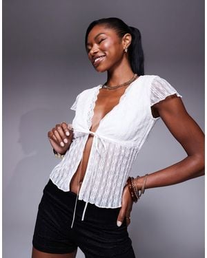 Princess Polly Tie Front Lace Flutter Sleeve Top - White