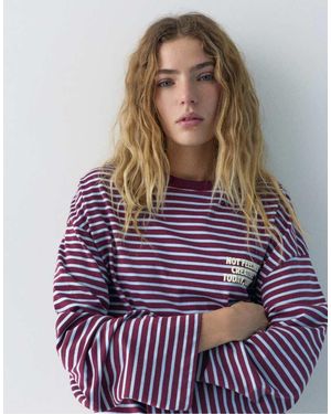 Pull&Bear Striped Text T-shirt - Red