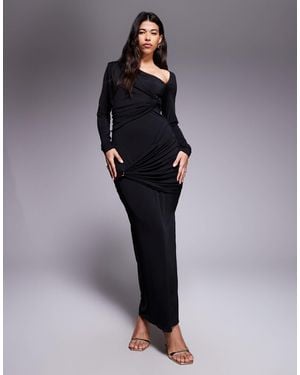 Ruched & Ready Sculpted Asymmetric Cut Out Hardware Detail Bodycon Maxi Dress - Blue