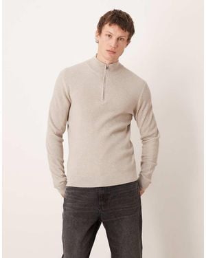 Mango Cotton Mix High Neck Quarter Zip Jumper - Natural