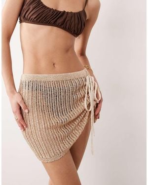 Miss Selfridge Beach Sequin Crochet Ruch Side Sarong Mini Skirt - Brown