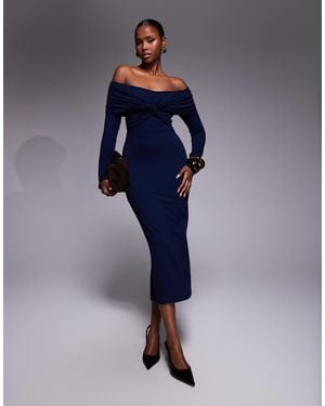 ASOS Off Shoulder Twist Midi Dress With Long Sleeves - Blue