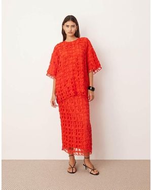 ARRANGE Floral Cutwork Column Midi Skirt - Red