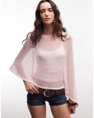Daisy Street Boho Open Knit Poncho - Pink