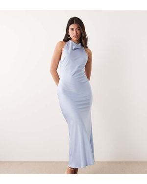 Kaiia Exclusive Satin High Cowl Neck Lace Back Detail Maxi Dress - Blue
