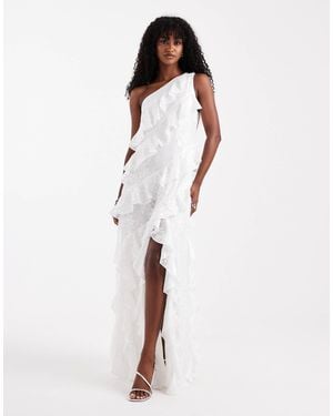 Six Stories Bridal Asymmetric Ruffle Lace Maxi Dress - White