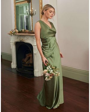 Six Stories Bridesmaid Satin Cowl V Neck Maxi Dress - Green
