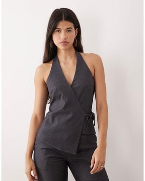 Kaiia Exclusive Tailored Stretch Woven Halterneck Wrap Tie Side Top Co-ord - Black