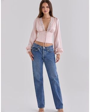 House Of Cb Luciana Real Silk Long Sleeve Lace Trim Top - Blue