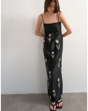 TOPSHOP Vestido Largo Con Flores Bordadas Y Solapas En El Pecho De - Negro