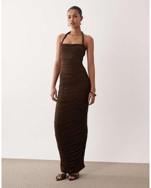 SNDY'S Slinky Braid Detail Halterneck Ruched Maxi Dress - Brown