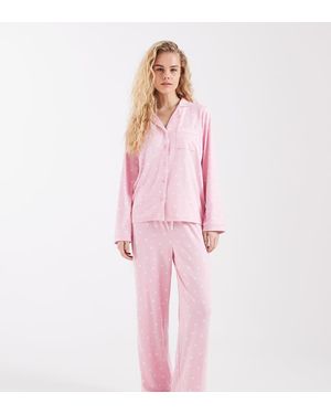 Loungeable Conjunto De Top Y Pantalón De Punto Supersuave Con Cuello Abierto En Con Lunares - Rosa