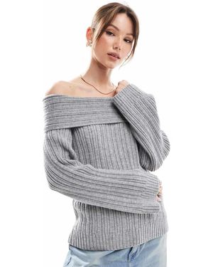 Pimkie Off Shoulder Ribbed Knit Wide Sleeve Jumper - Grey