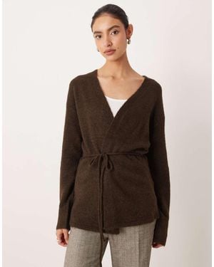 Gina Tricot V Neck Mid Length Knitted Wool Alpaca Wrap Cardigan - Brown