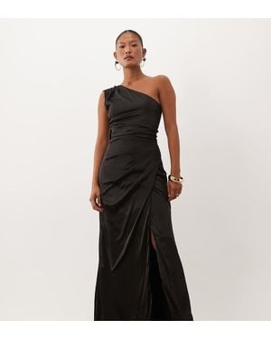 TFNC London Tfnc Bridesmaid Petite Satin One Shoulder Drape Back Split Detail Maxi Dress - Black