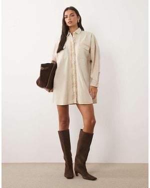 ASOS Twill Oversized Shirt Dress With Crochet Buttons - Natural